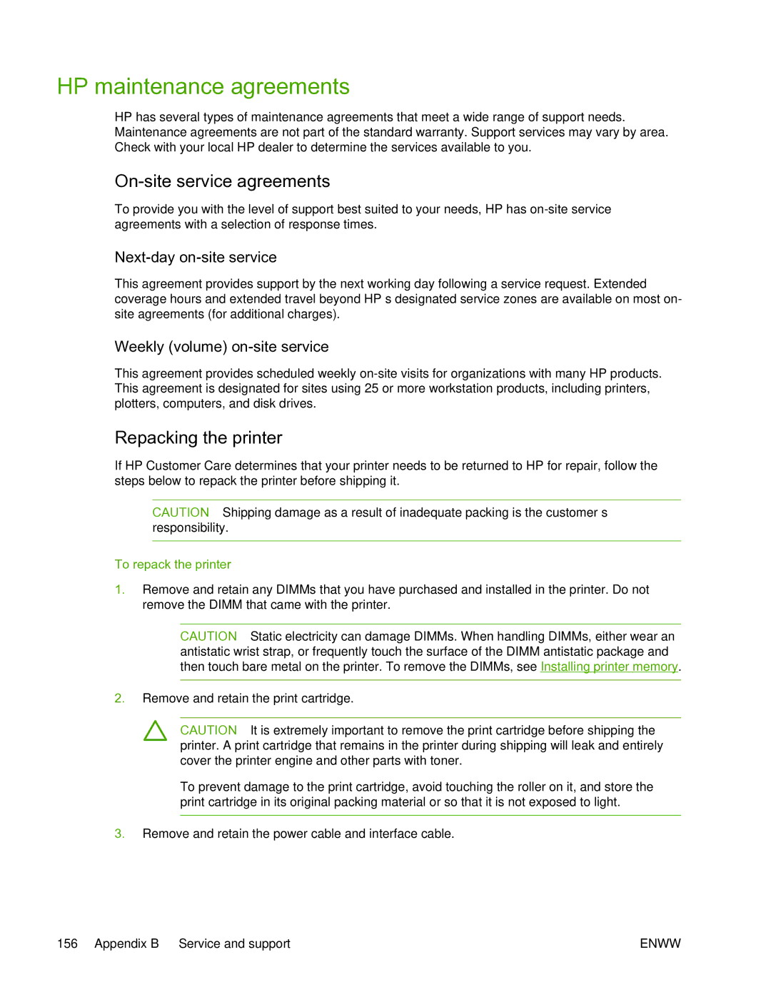 HP 5200L manual HP maintenance agreements, On-site service agreements, Repacking the printer, Next-day on-site service 