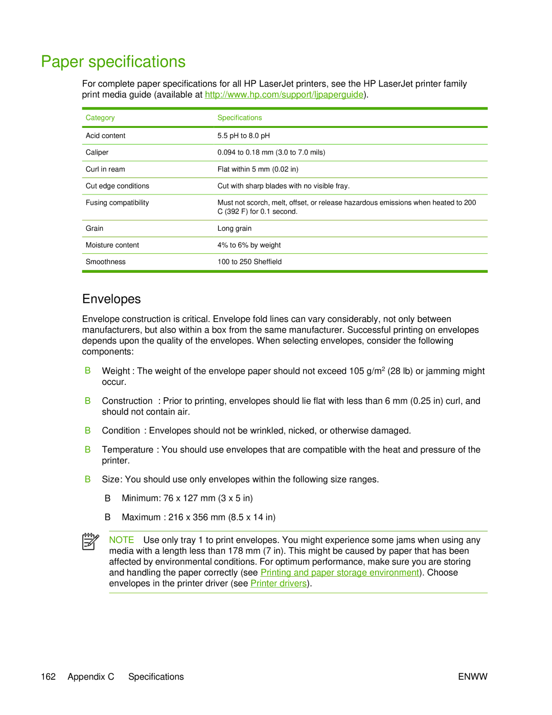 HP 5200L manual Paper specifications, Envelopes, Category Specifications 