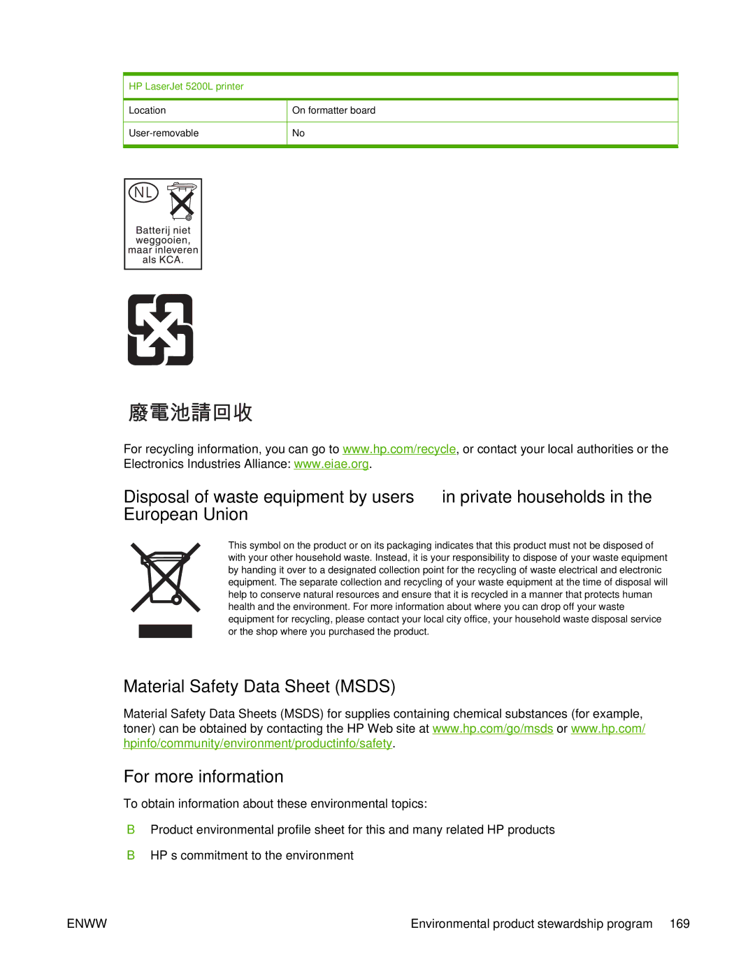 HP 5200L manual Material Safety Data Sheet Msds For more information 