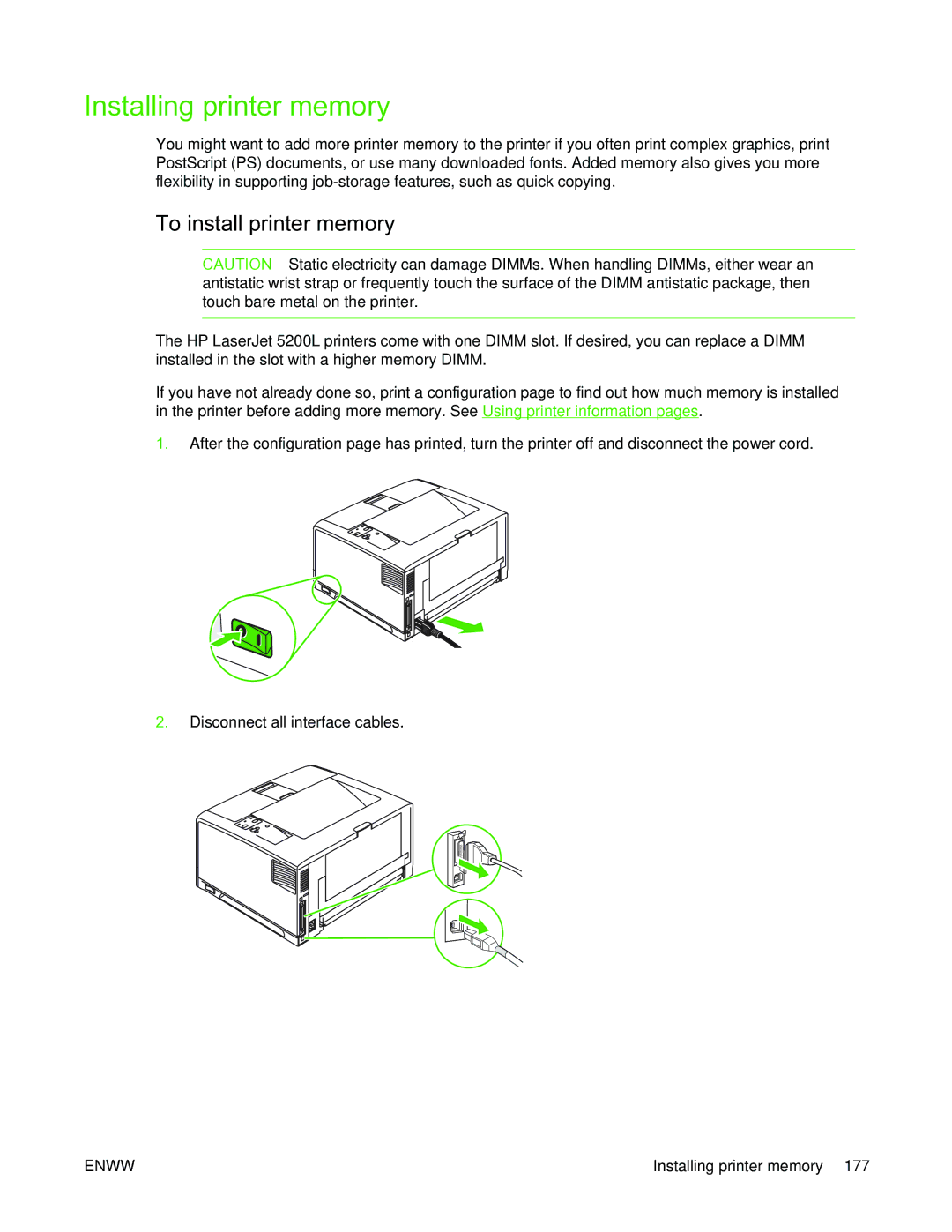 HP 5200L manual Installing printer memory, To install printer memory 