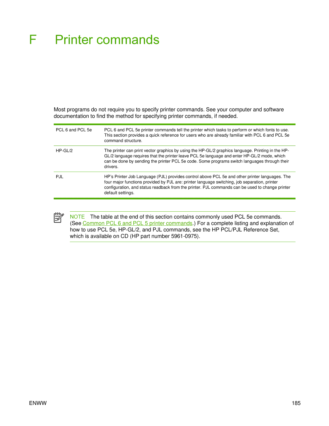 HP 5200L manual Printer commands, Pjl 