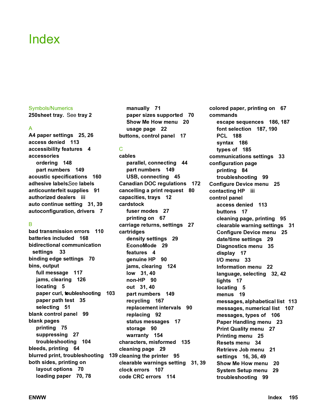 HP 5200L manual Index, Symbols/Numerics 250-sheet tray. See tray 