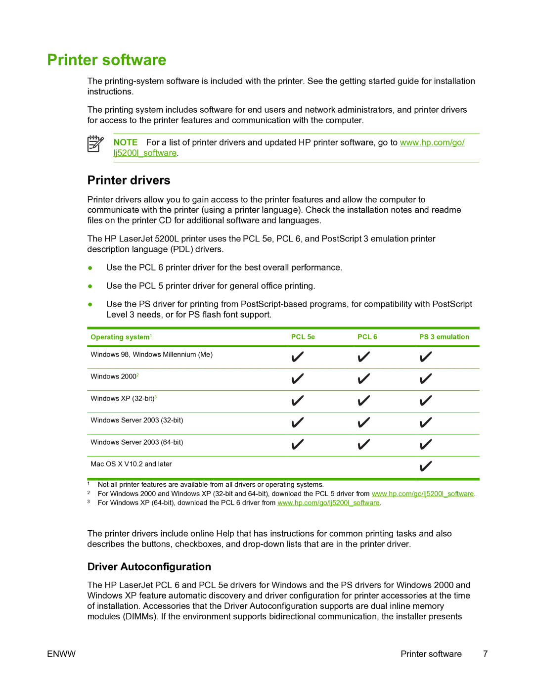 HP 5200L manual Printer software, Printer drivers, Driver Autoconfiguration, Operating system PCL 5e 