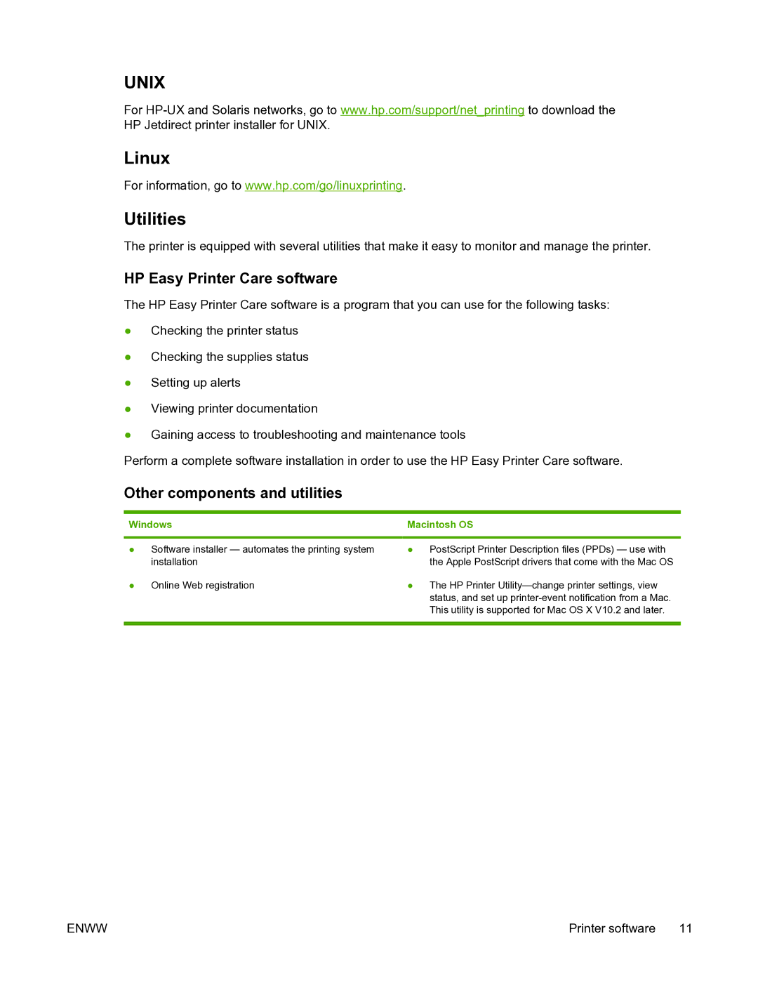 HP 5200L manual Linux Utilities, HP Easy Printer Care software, Other components and utilities, Windows 