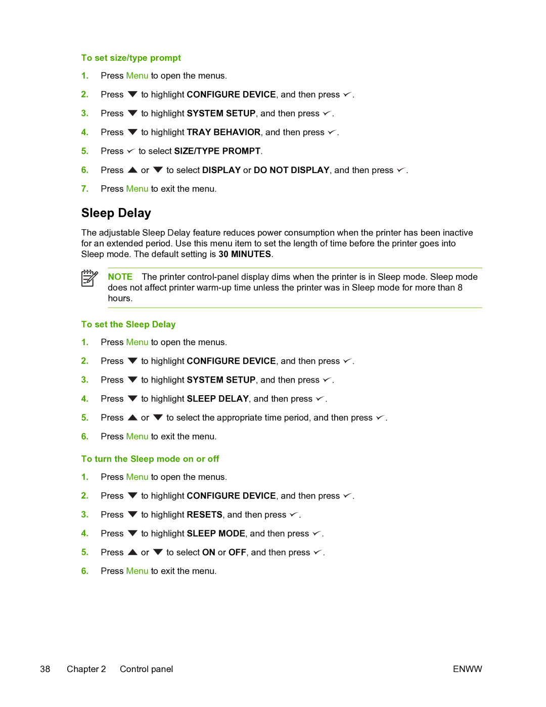 HP 5200L manual To set size/type prompt, To set the Sleep Delay, To turn the Sleep mode on or off 