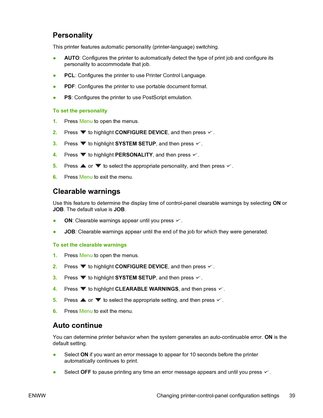 HP 5200L manual Personality, Clearable warnings, Auto continue, To set the personality, To set the clearable warnings 