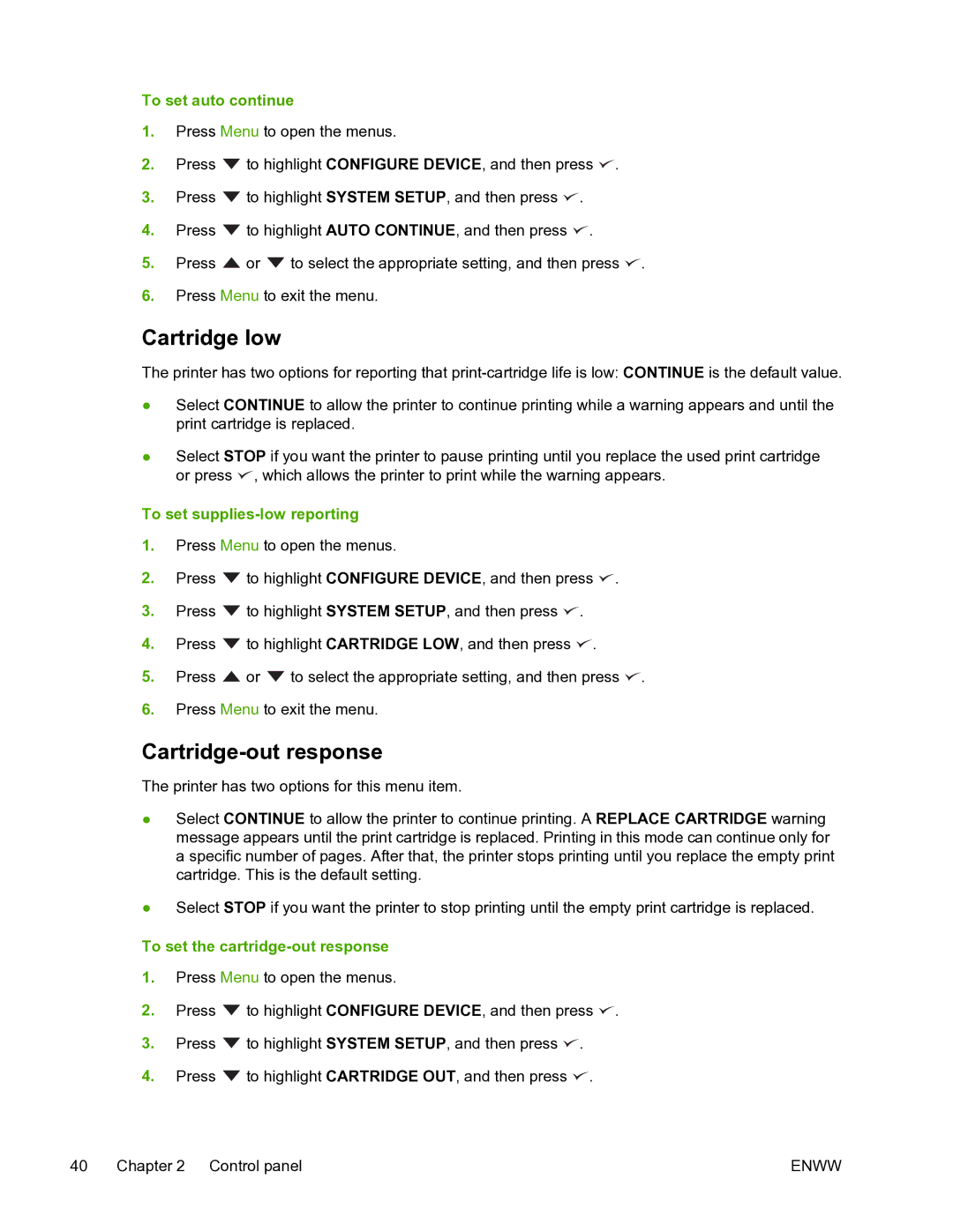 HP 5200L manual Cartridge low, Cartridge-out response, To set auto continue, To set supplies-low reporting 