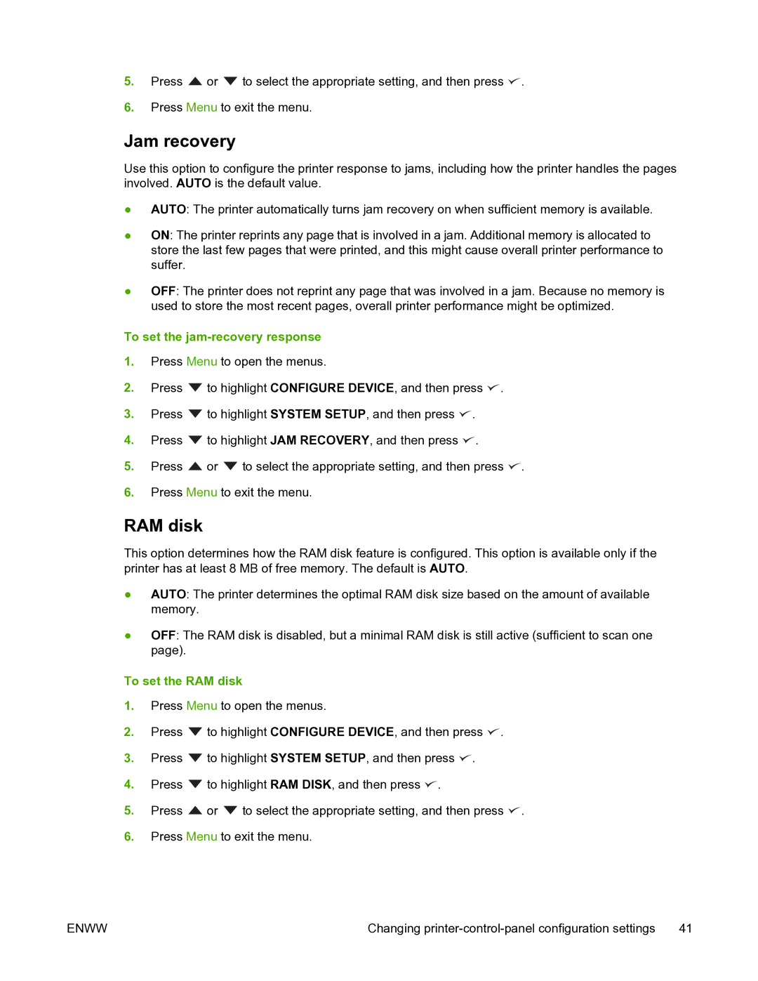 HP 5200L manual Jam recovery, To set the jam-recovery response, To set the RAM disk 