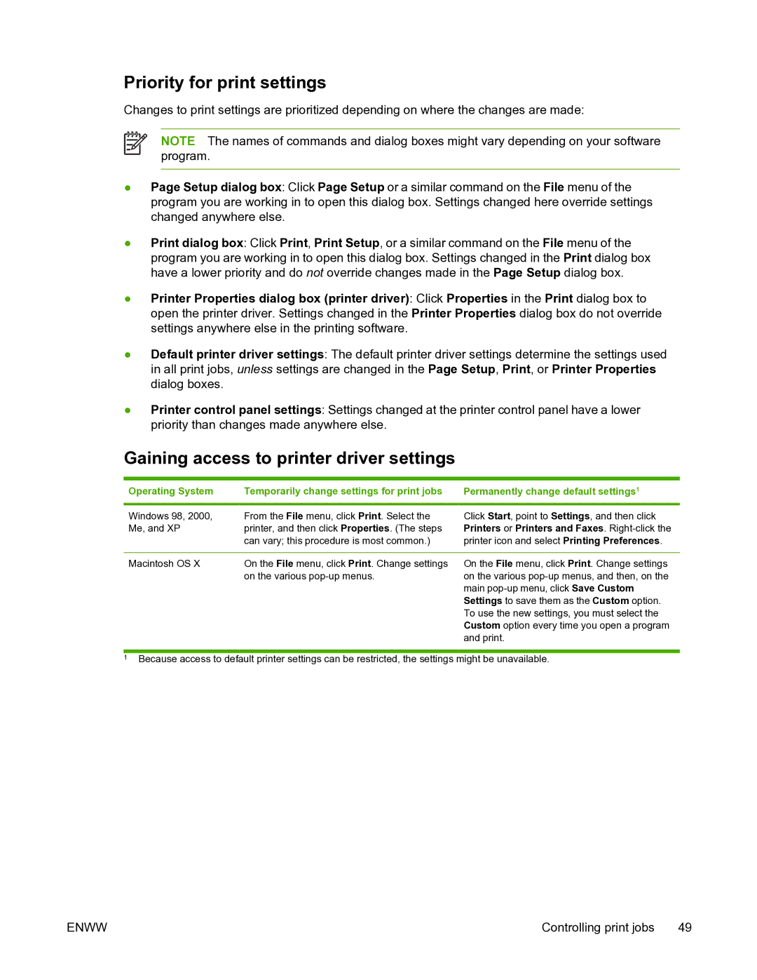 HP 5200L manual Priority for print settings, Gaining access to printer driver settings 