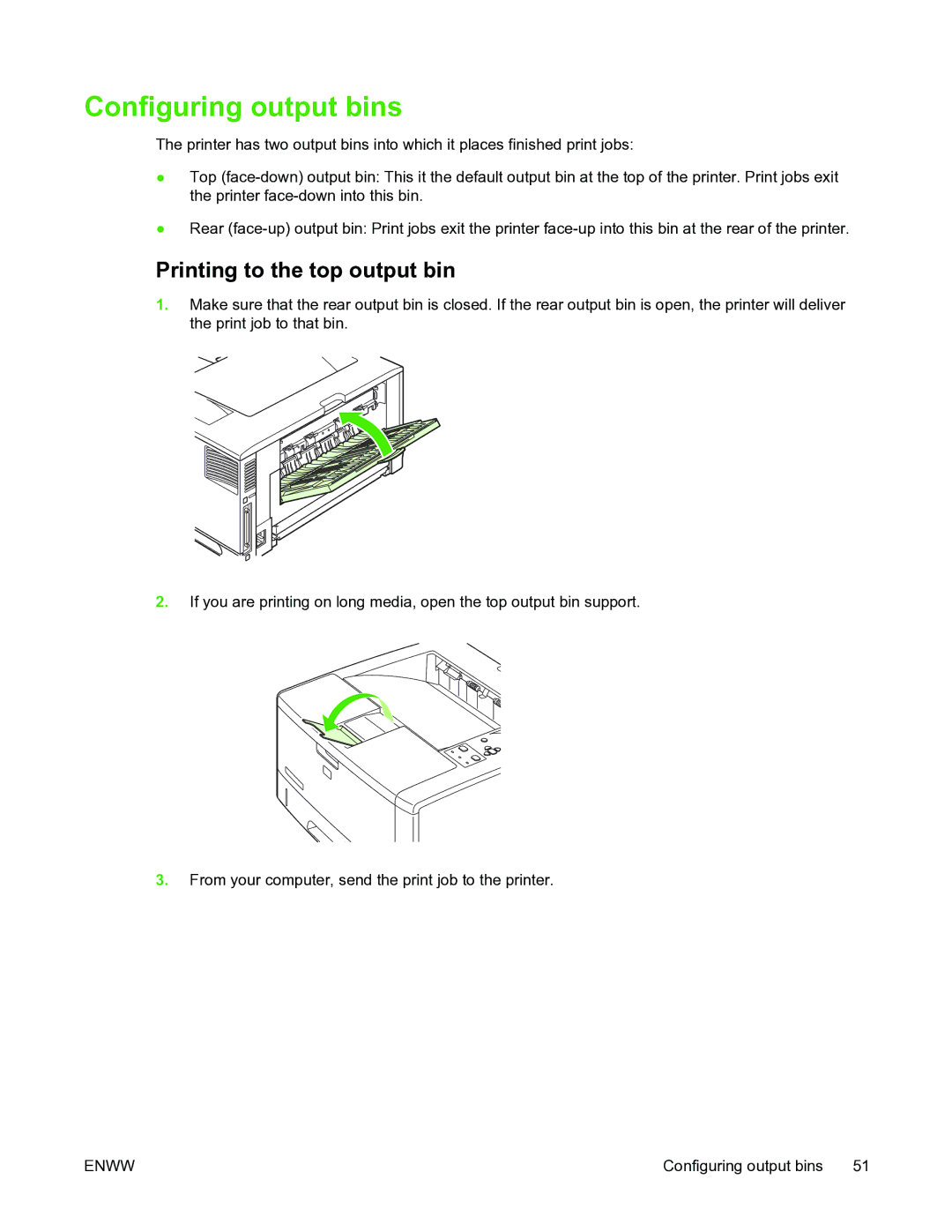 HP 5200L manual Configuring output bins, Printing to the top output bin 