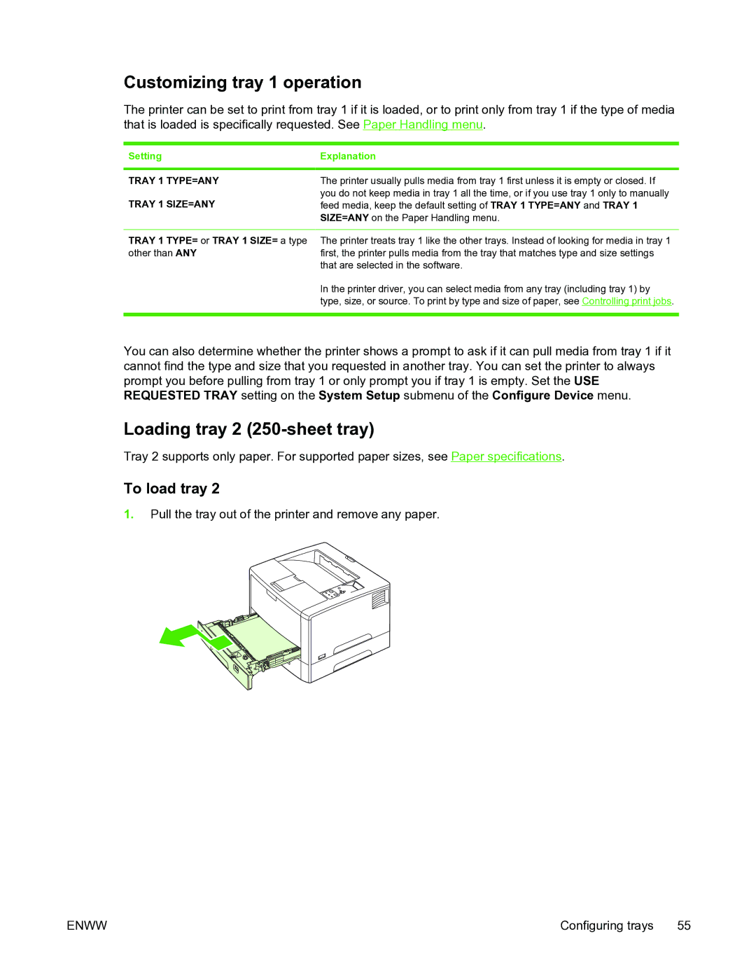 HP 5200L manual Customizing tray 1 operation, Loading tray 2 250-sheet tray, Setting Explanation, Tray 1 TYPE=ANY 