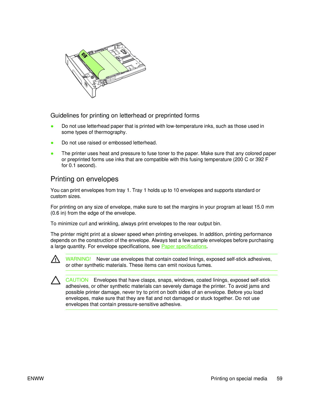 HP 5200L manual Printing on envelopes, Guidelines for printing on letterhead or preprinted forms 