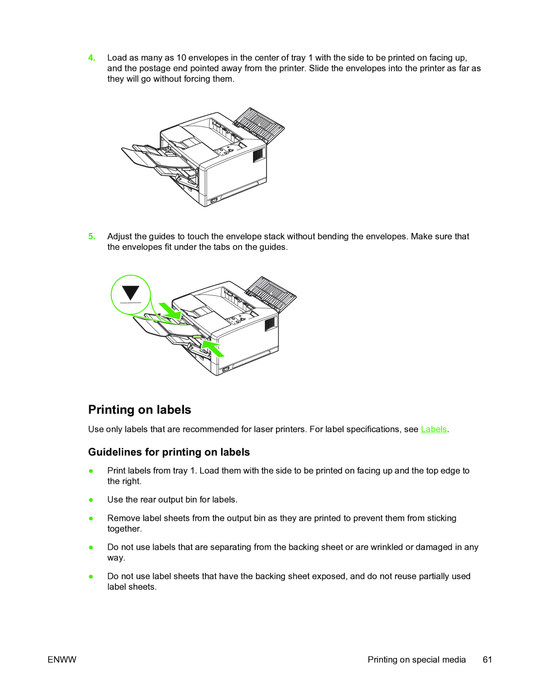 HP 5200L manual Printing on labels, Guidelines for printing on labels 