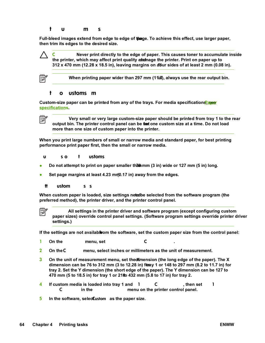 HP 5200L manual Printing full-bleed images, Printing on custom-size media, Guidelines for printing custom-size paper 