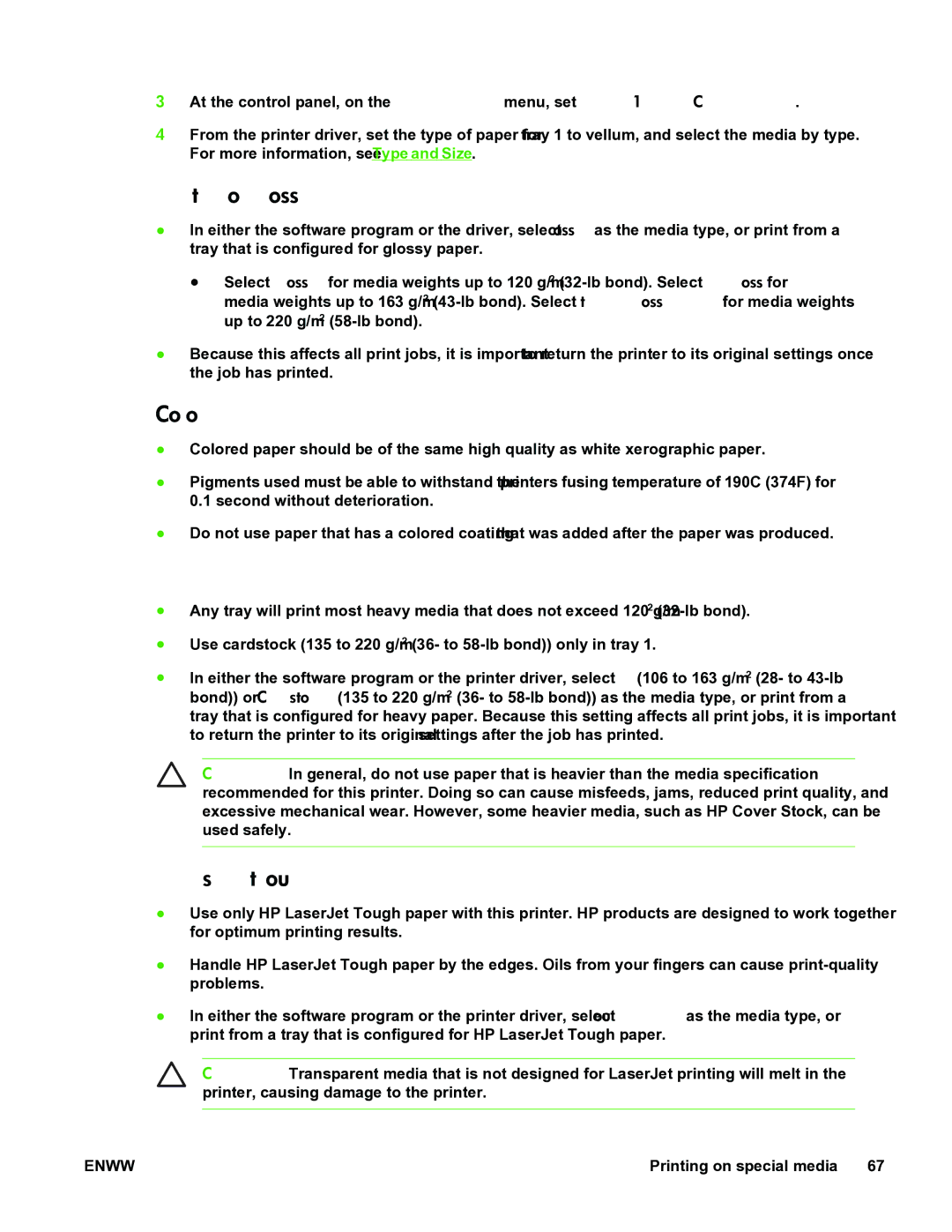 HP 5200L manual Printing on glossy paper, Colored paper, Heavy paper, HP LaserJet Tough paper 