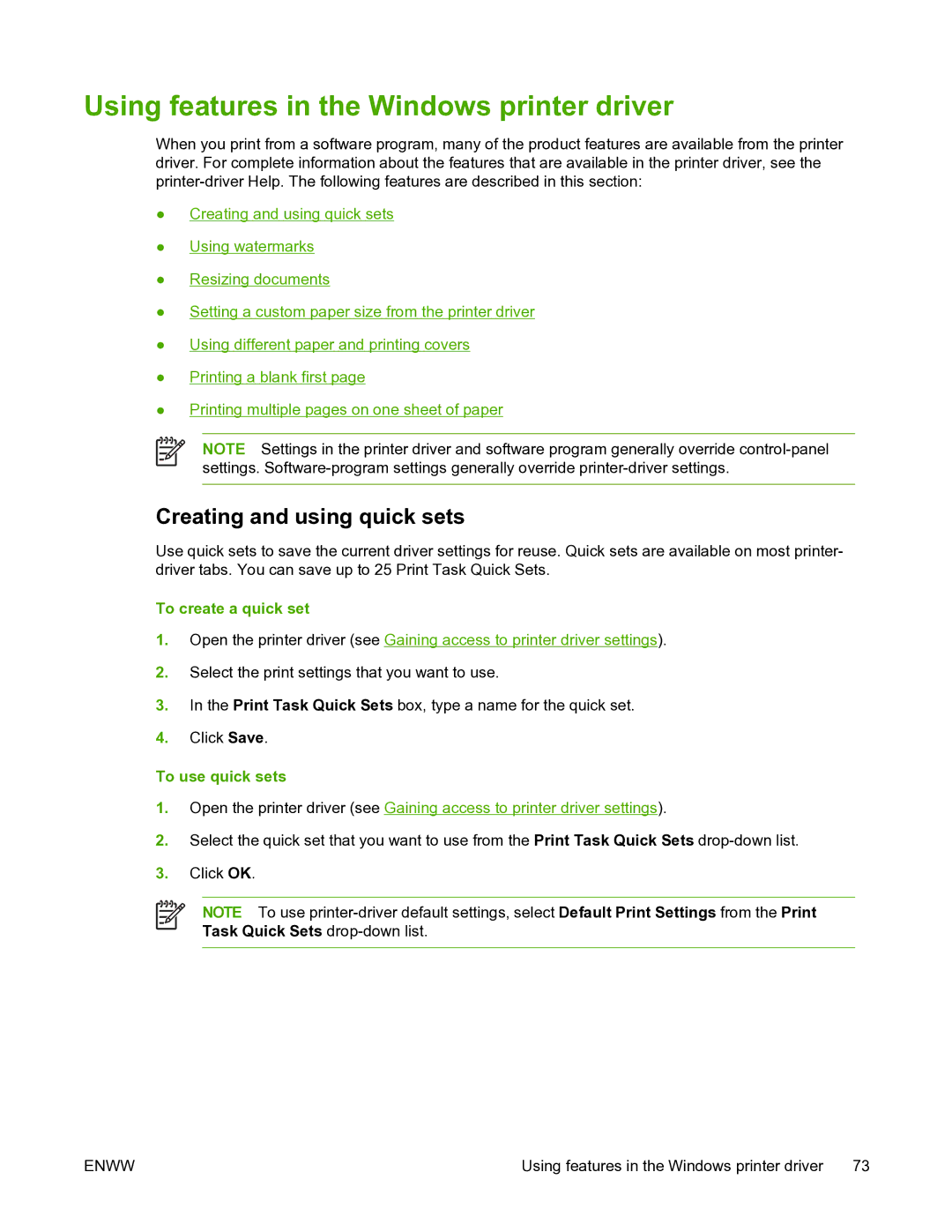 HP 5200L manual Using features in the Windows printer driver, Creating and using quick sets, To create a quick set 