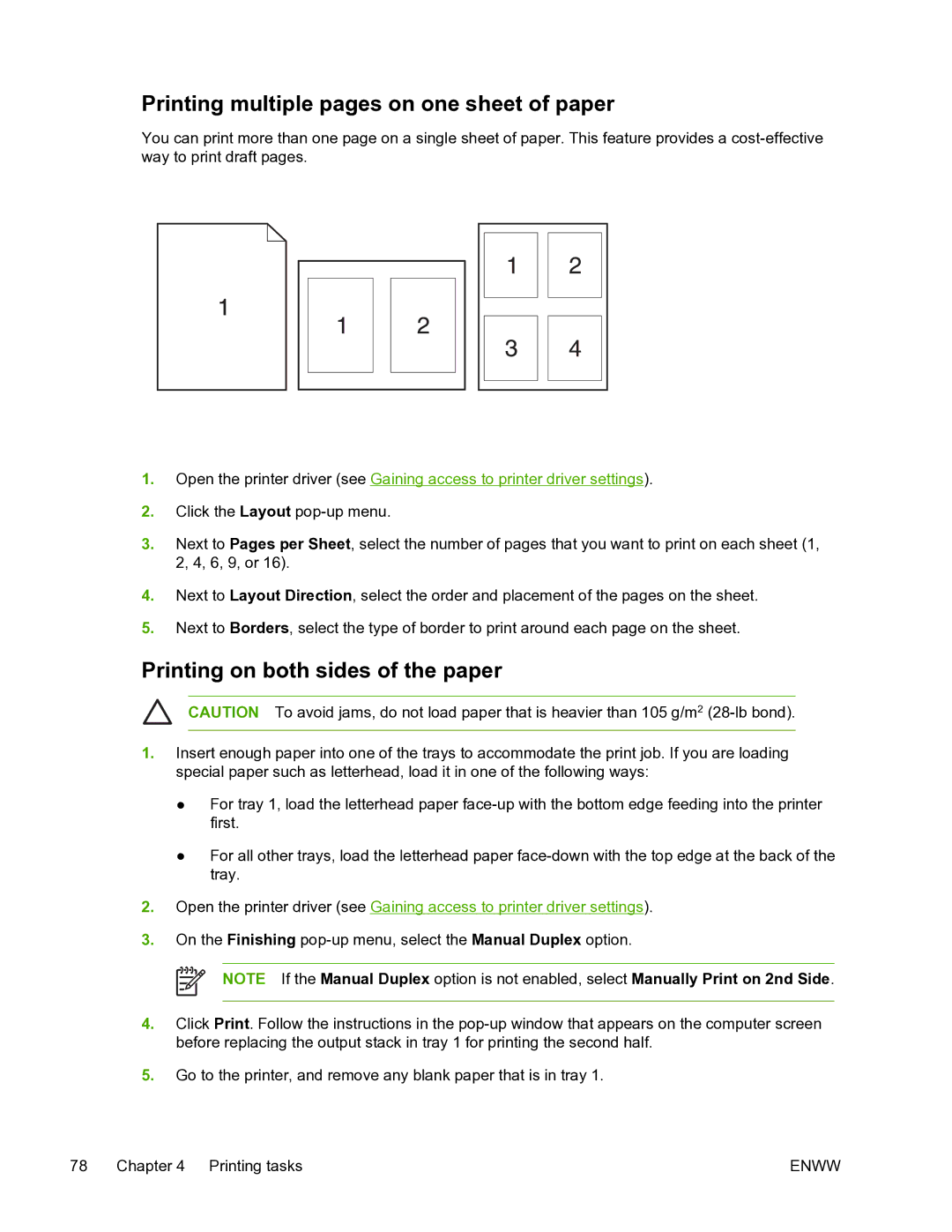 HP 5200L manual Printing multiple pages on one sheet of paper, Printing on both sides of the paper 