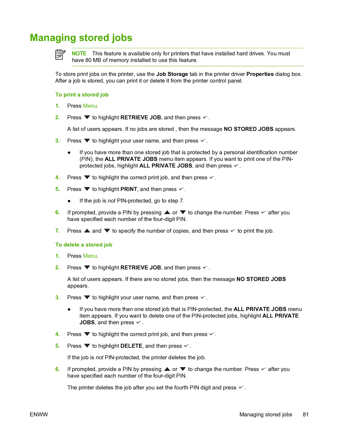 HP 5200L manual Managing stored jobs, To print a stored job, To delete a stored job 
