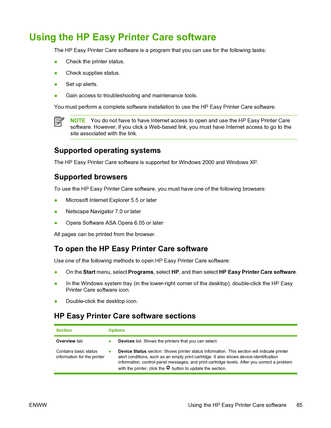 HP 5200L manual Using the HP Easy Printer Care software, Supported operating systems, Supported browsers 