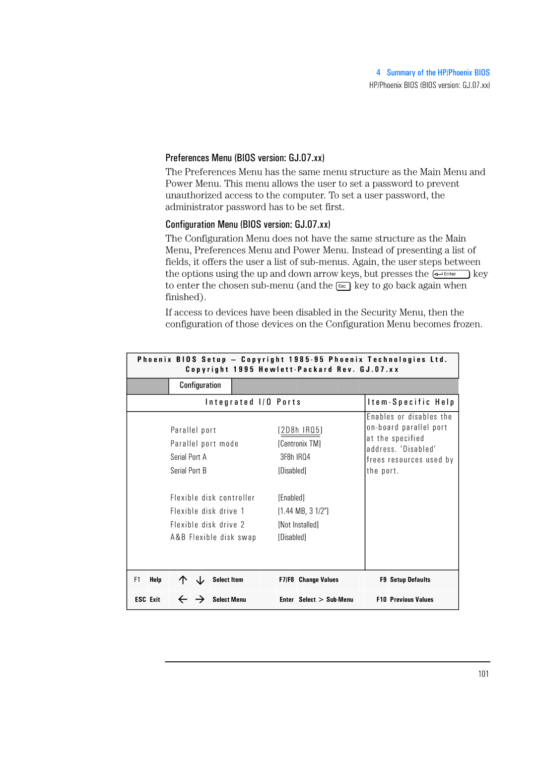 HP 520 5/XX, 525 5/XX manual Preferences Menu Bios version GJ.07.xx, Configuration Menu Bios version GJ.07.xx 