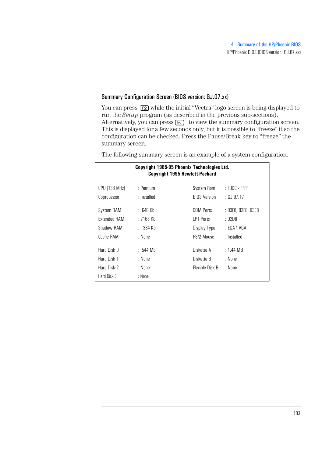 HP 520 5/XX, 525 5/XX manual Summary Configuration Screen Bios version GJ.07.xx, Copyright 1995 Hewlett-Packard 