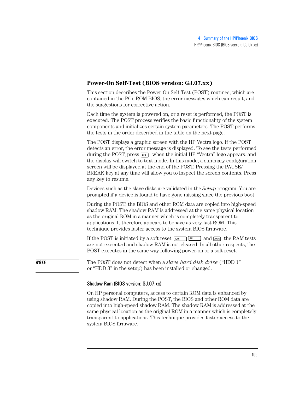 HP 520 5/XX, 525 5/XX manual Power-On Self-Test Bios version GJ.07.xx, Shadow Ram Bios version GJ.07.xx, 109 