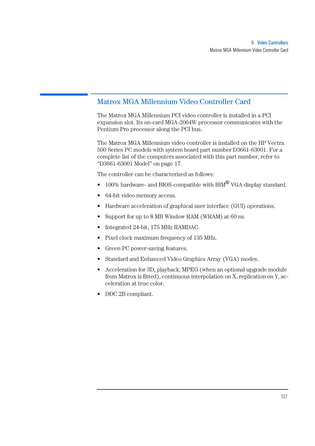 HP 520 5/XX, 525 5/XX manual Matrox MGA Millennium Video Controller Card, 127 