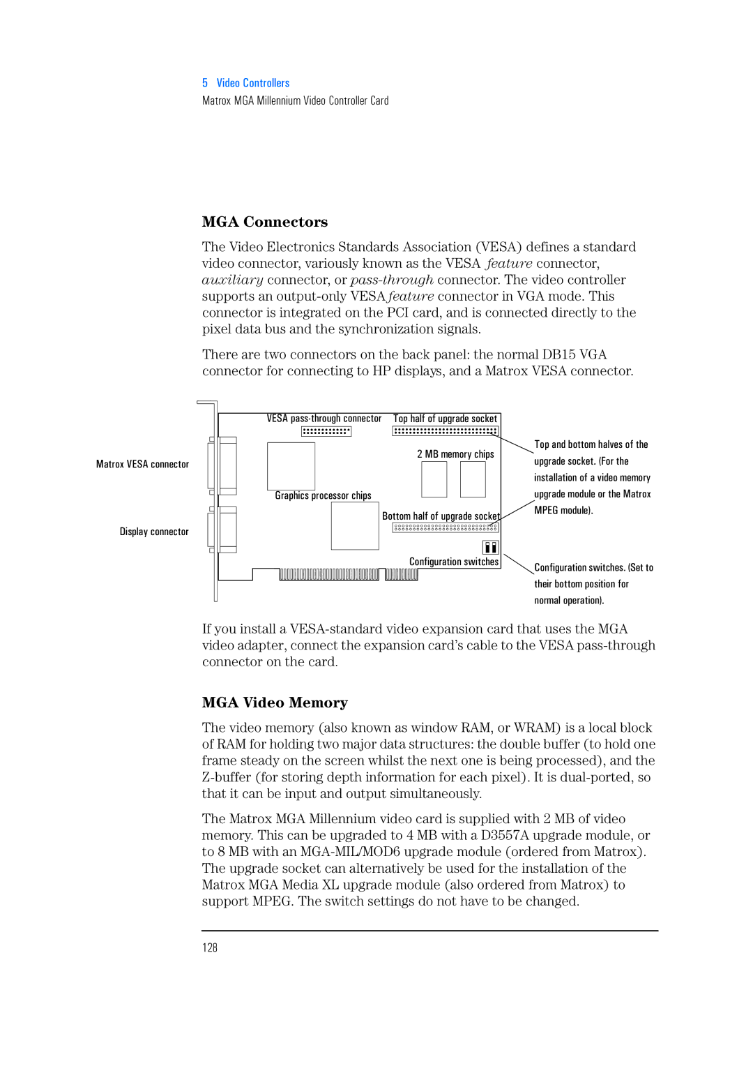 HP 525 5/XX, 520 5/XX manual MGA Connectors, MGA Video Memory, 128 