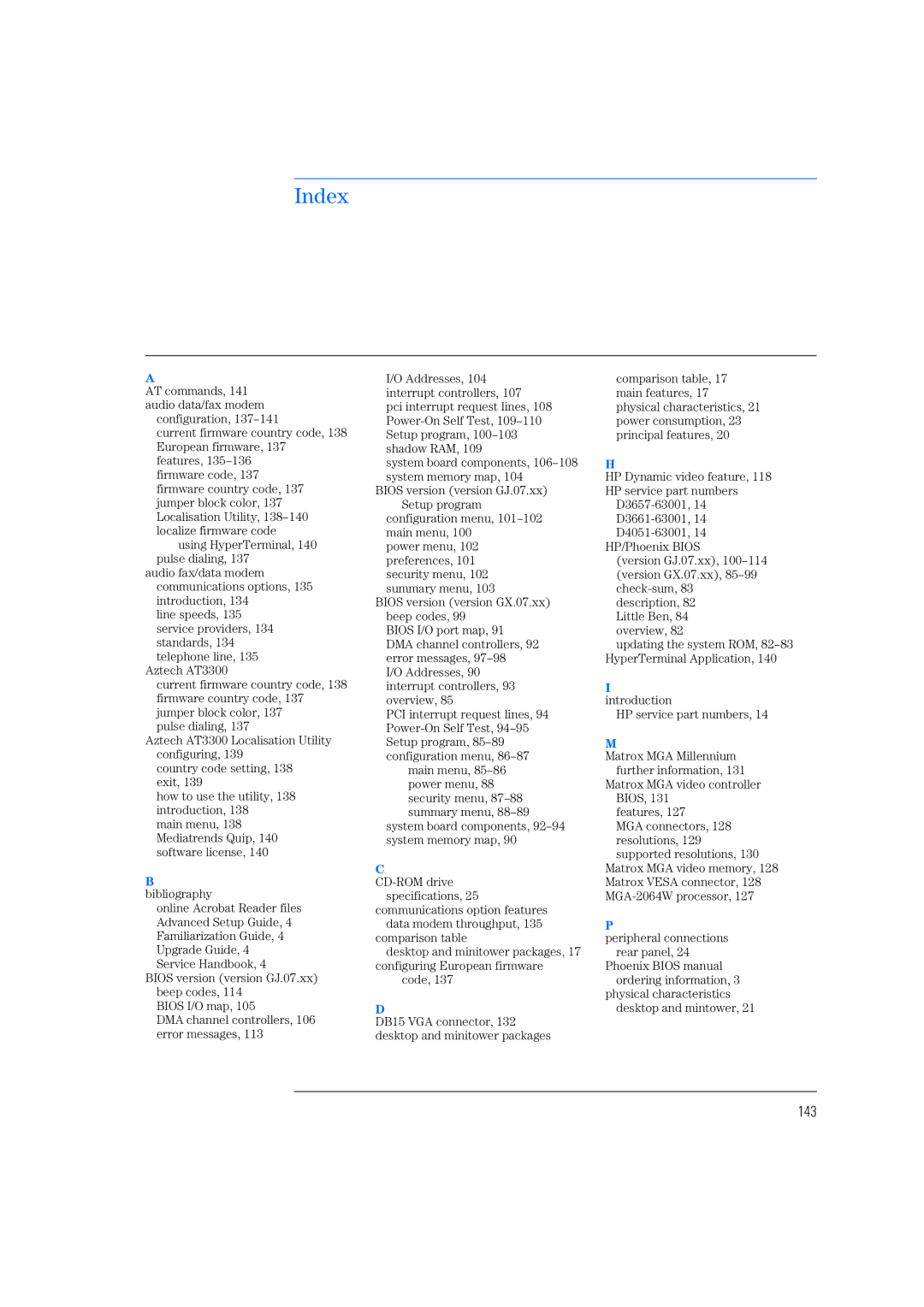 HP 520 5/XX, 525 5/XX manual Index, 143 