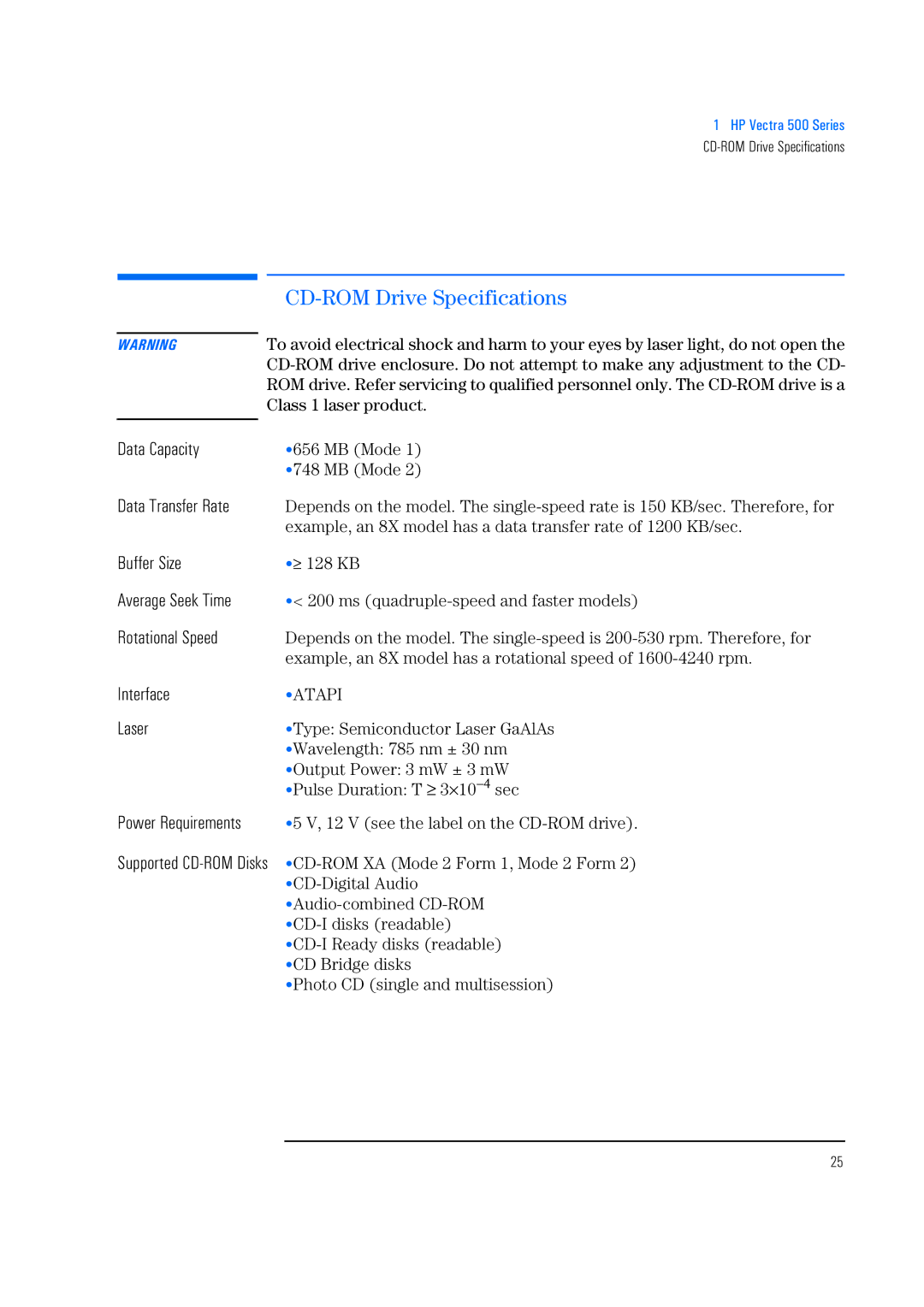 HP 520 5/XX, 525 5/XX manual CD-ROM Drive Specifications 