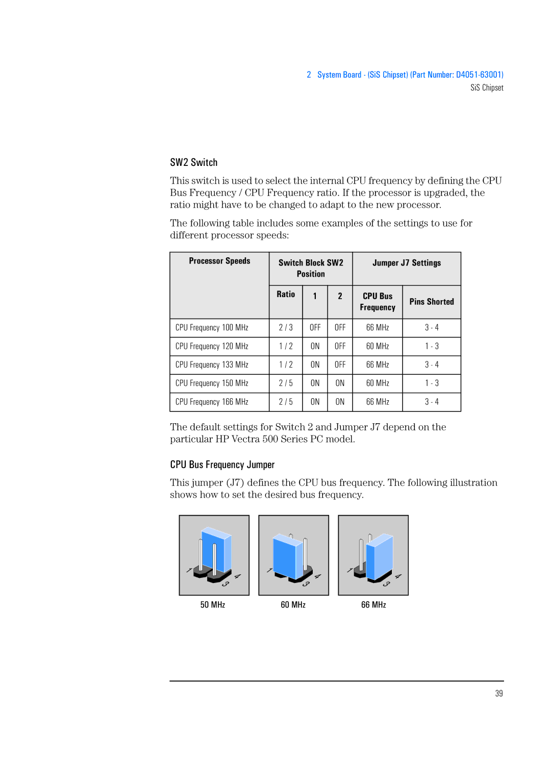 HP 520 5/XX, 525 5/XX manual SW2 Switch, CPU Bus Frequency Jumper, Processor Speeds, Jumper J7 Settings, MHz 60 MHz 