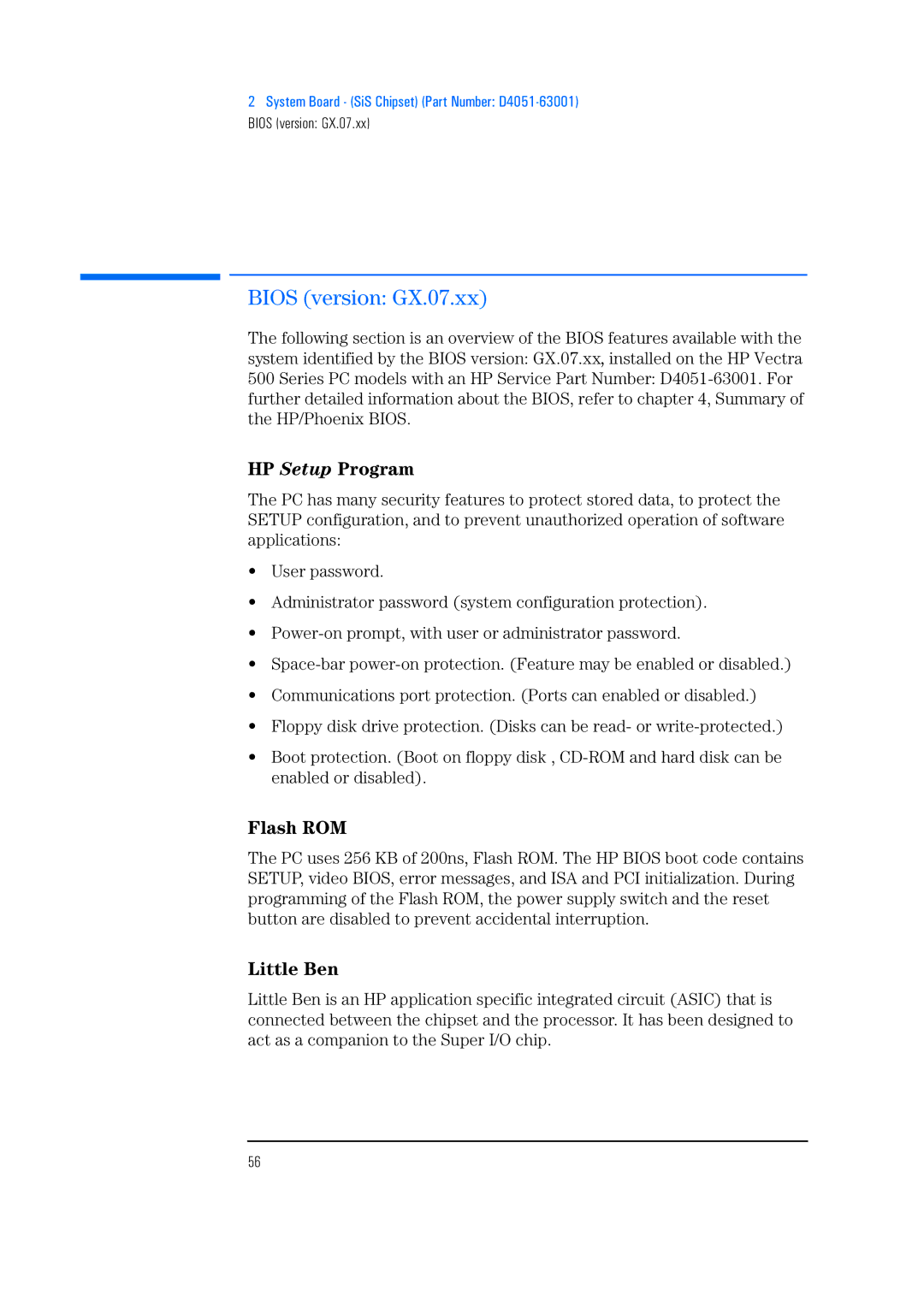 HP 525 5/XX, 520 5/XX manual Bios version GX.07.xx, HP Setup Program, Flash ROM, Little Ben 