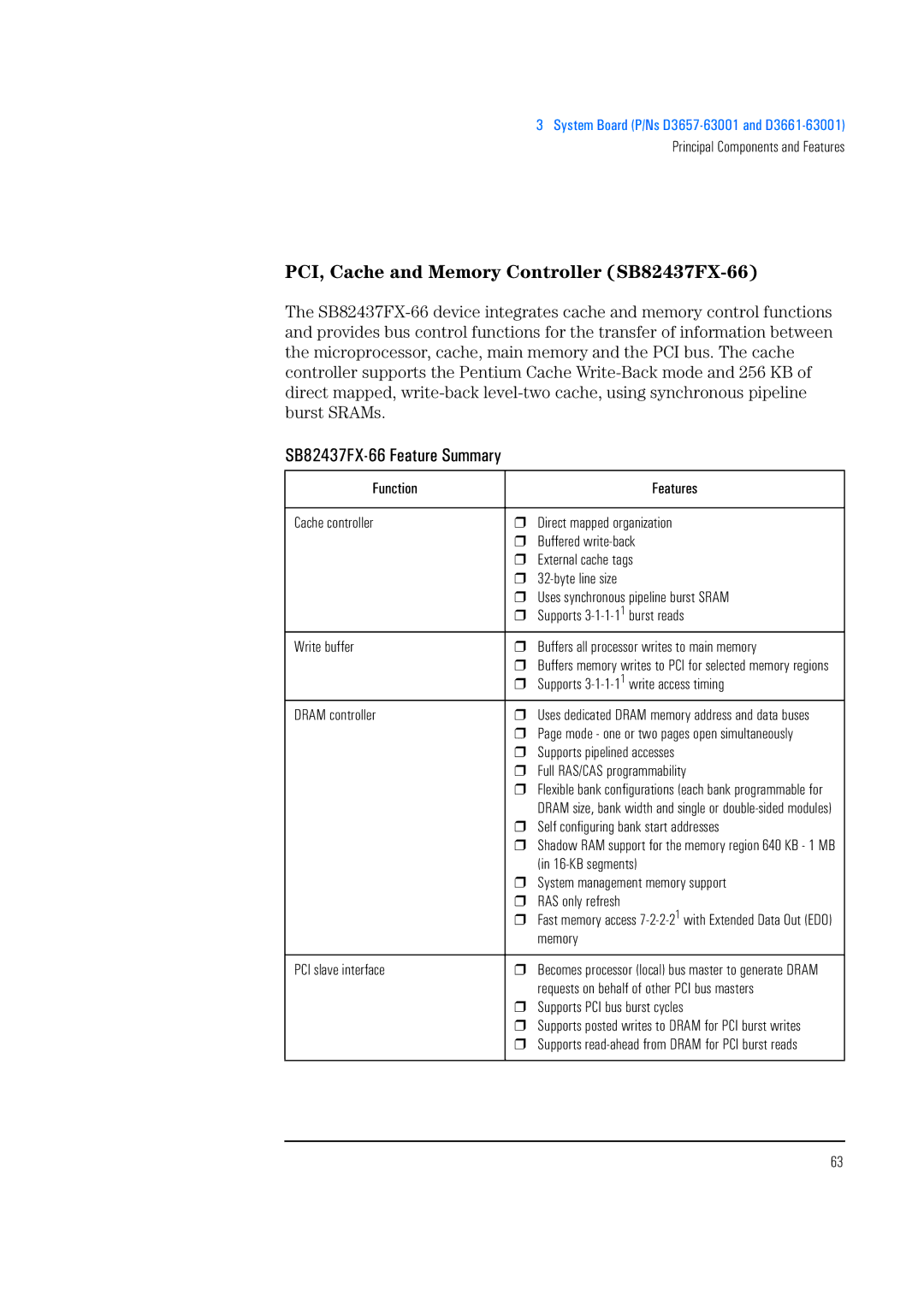 HP 520 5/XX, 525 5/XX manual PCI, Cache and Memory Controller SB82437FX-66, SB82437FX-66 Feature Summary 