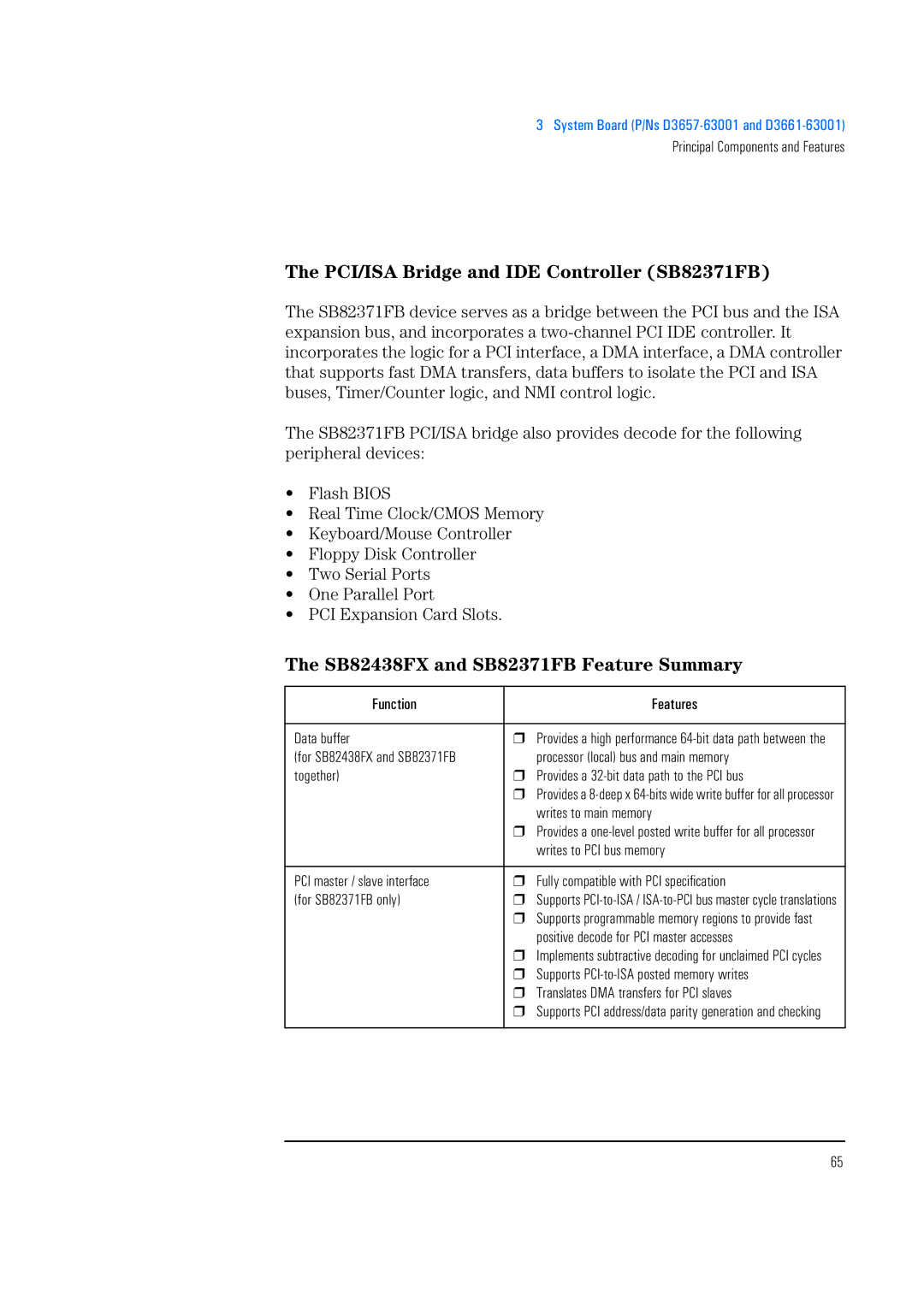 HP 520 5/XX, 525 5/XX manual PCI/ISA Bridge and IDE Controller SB82371FB, SB82438FX and SB82371FB Feature Summary 