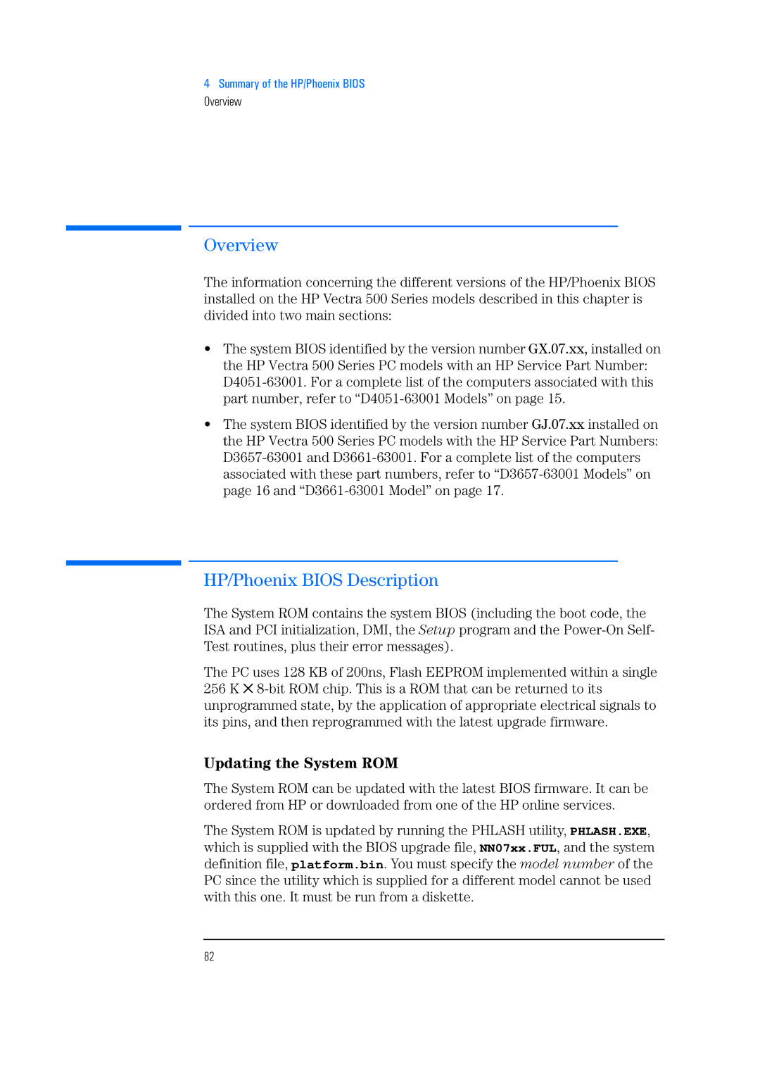 HP 525 5/XX, 520 5/XX manual HP/Phoenix Bios Description, Updating the System ROM 