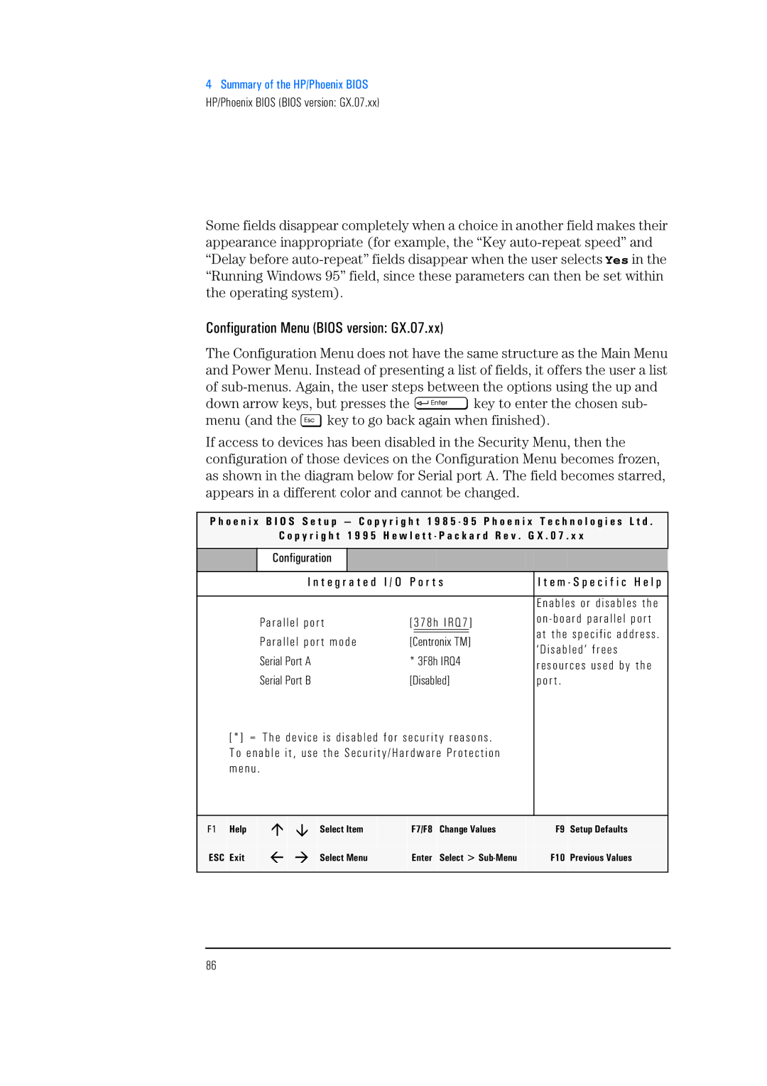 HP 525 5/XX Configuration Menu Bios version GX.07.xx, Configuration T e g r a t e d I / O P o r t s, Enables or disables 