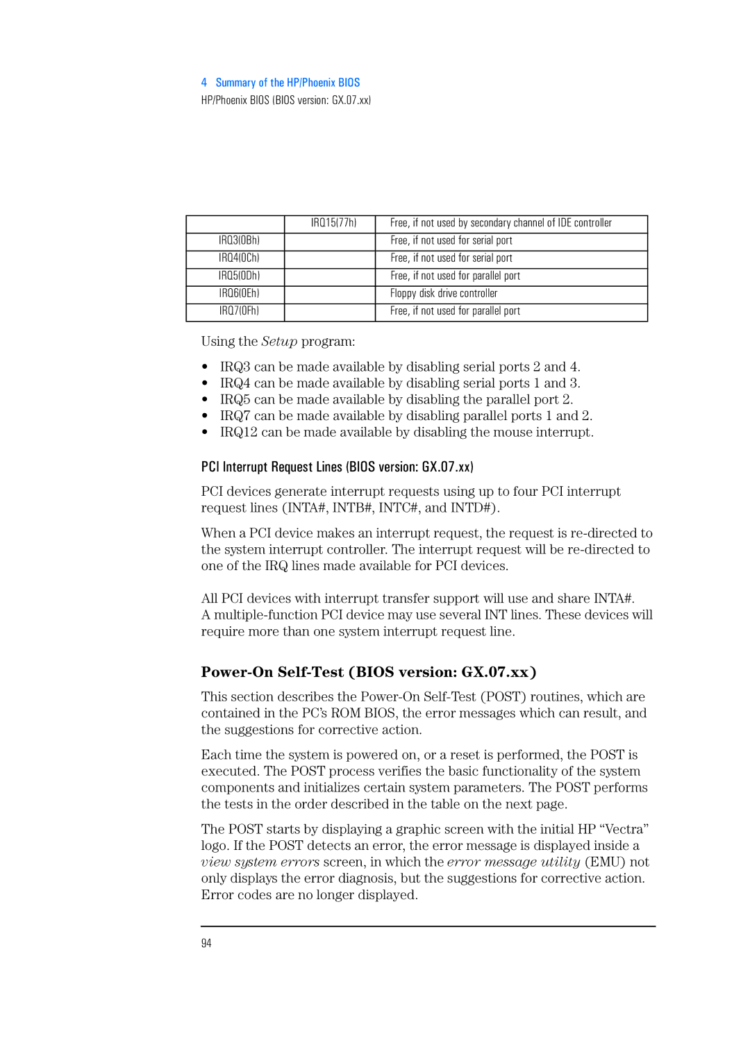 HP 525 5/XX, 520 5/XX manual PCI Interrupt Request Lines Bios version GX.07.xx, Power-On Self-Test Bios version GX.07.xx 