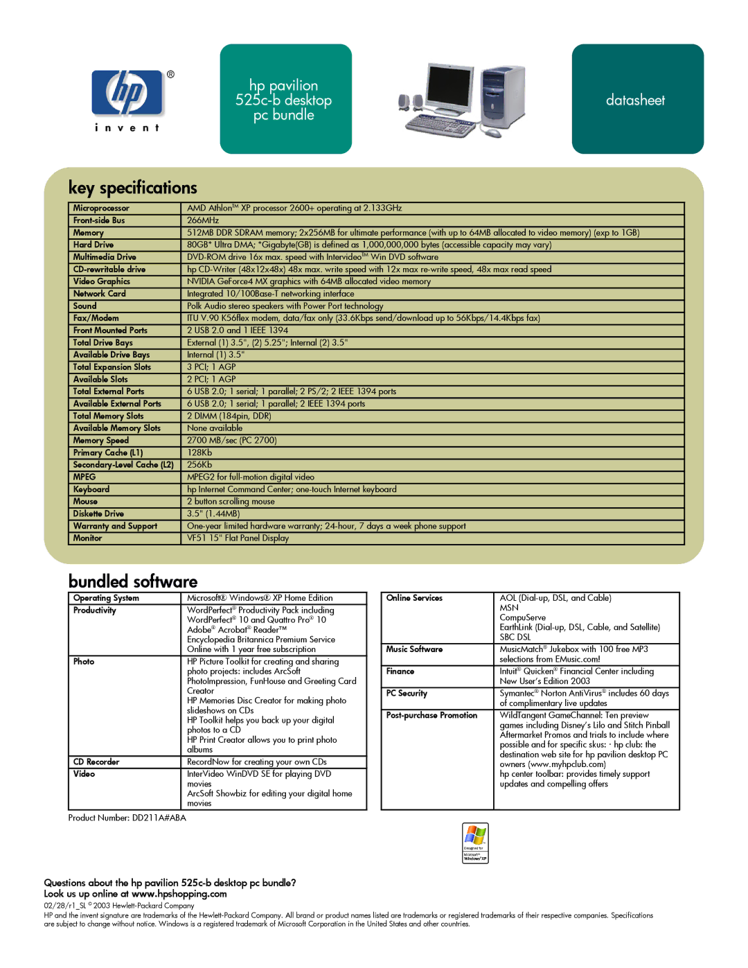 HP 525c (US/CAN) manual Key specifications, Bundled software, Questions about the hp pavilion 525c-b desktop pc bundle? 