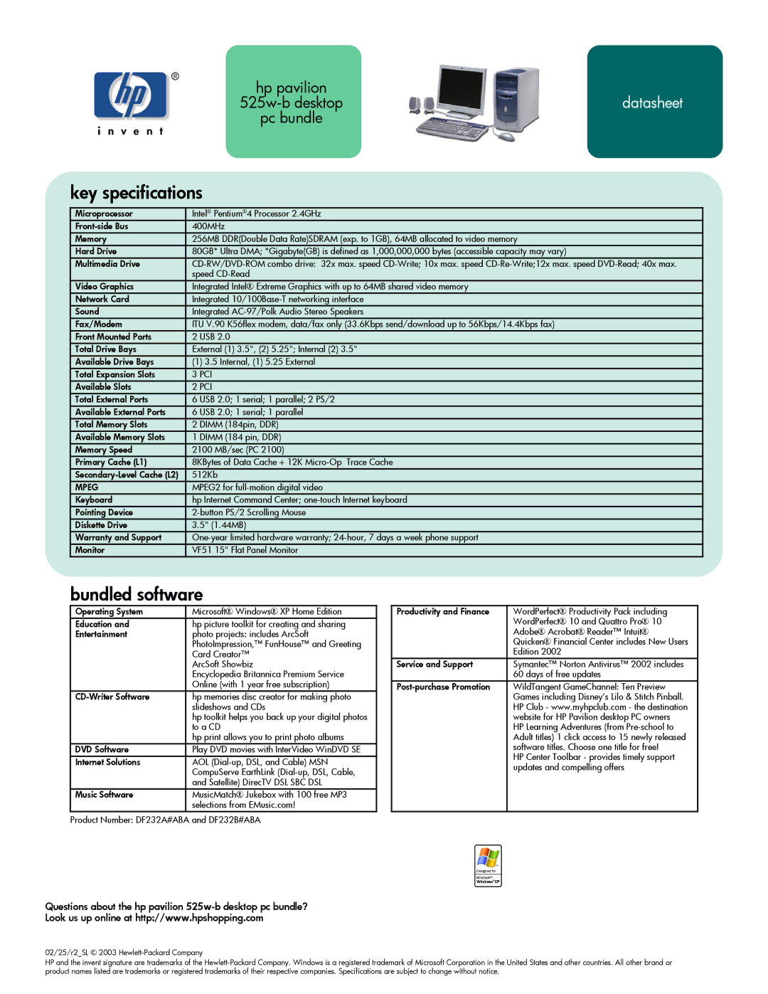 HP 525w (US/CAN) manual Key specifications, Bundled software, Questions about the hp pavilion 525w-b desktop pc bundle? 