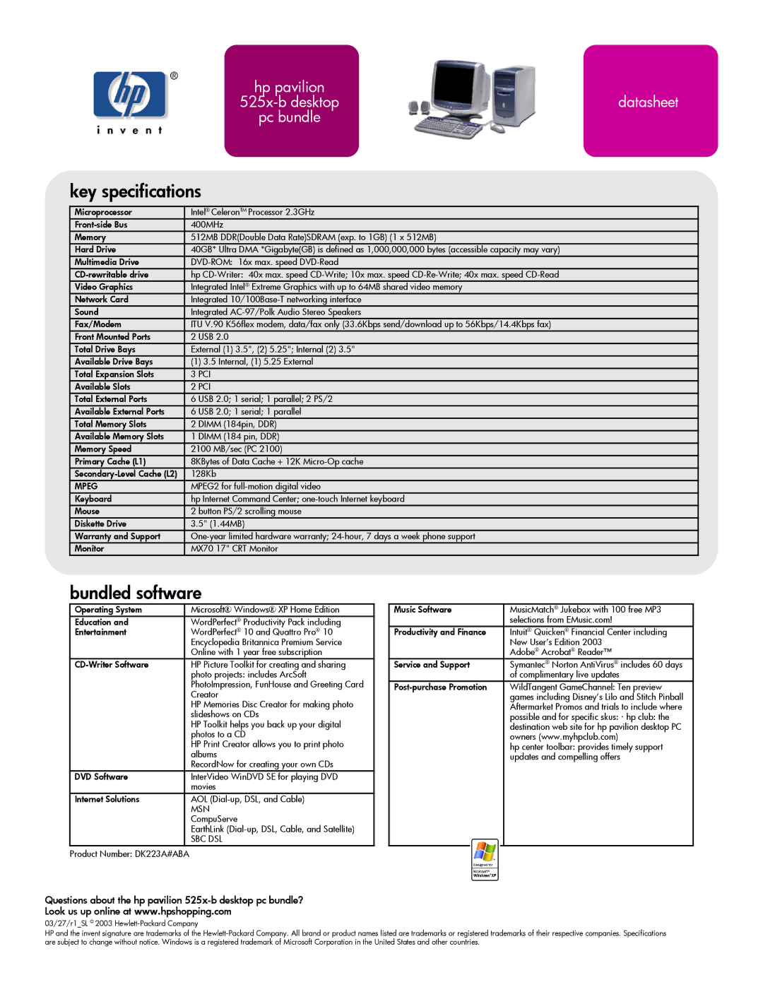 HP 525x (US) manual Key specifications, Bundled software, Questions about the hp pavilion 525x-b desktop pc bundle? 