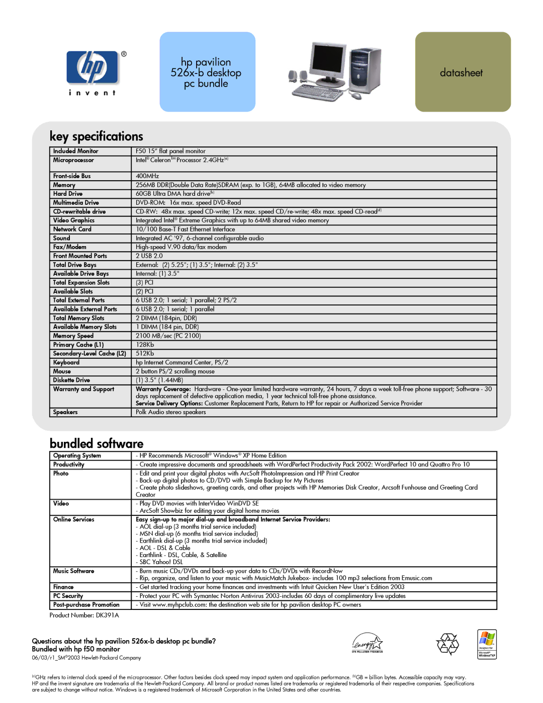 HP 526x (US) manual Key specifications, Bundled software, Cd-Rw 