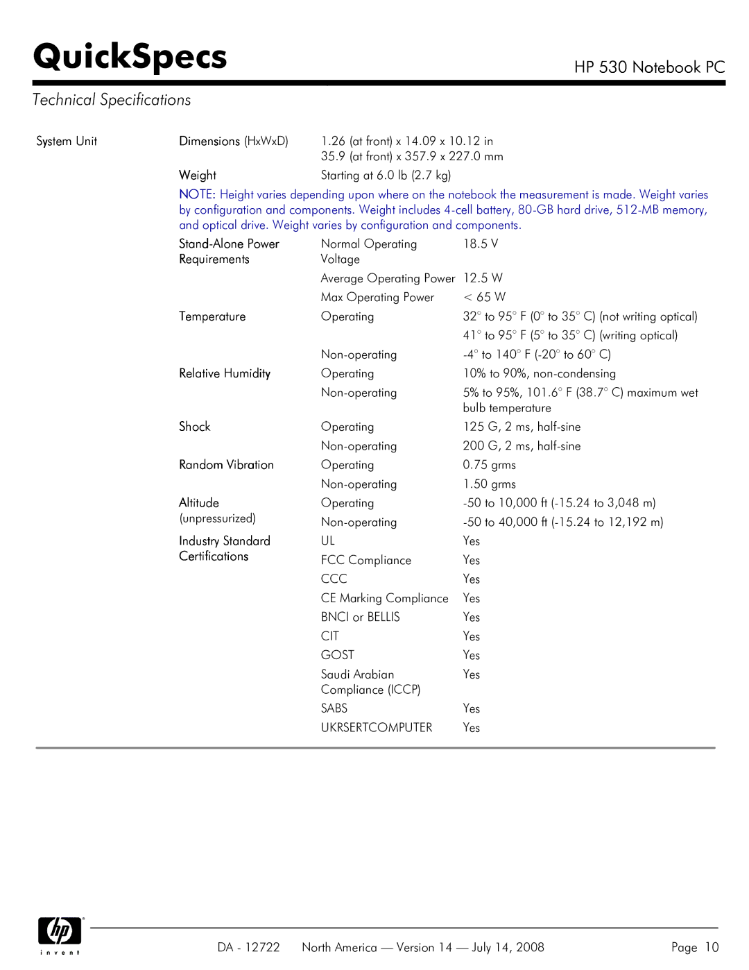 HP 530 manual Technical Specifications 