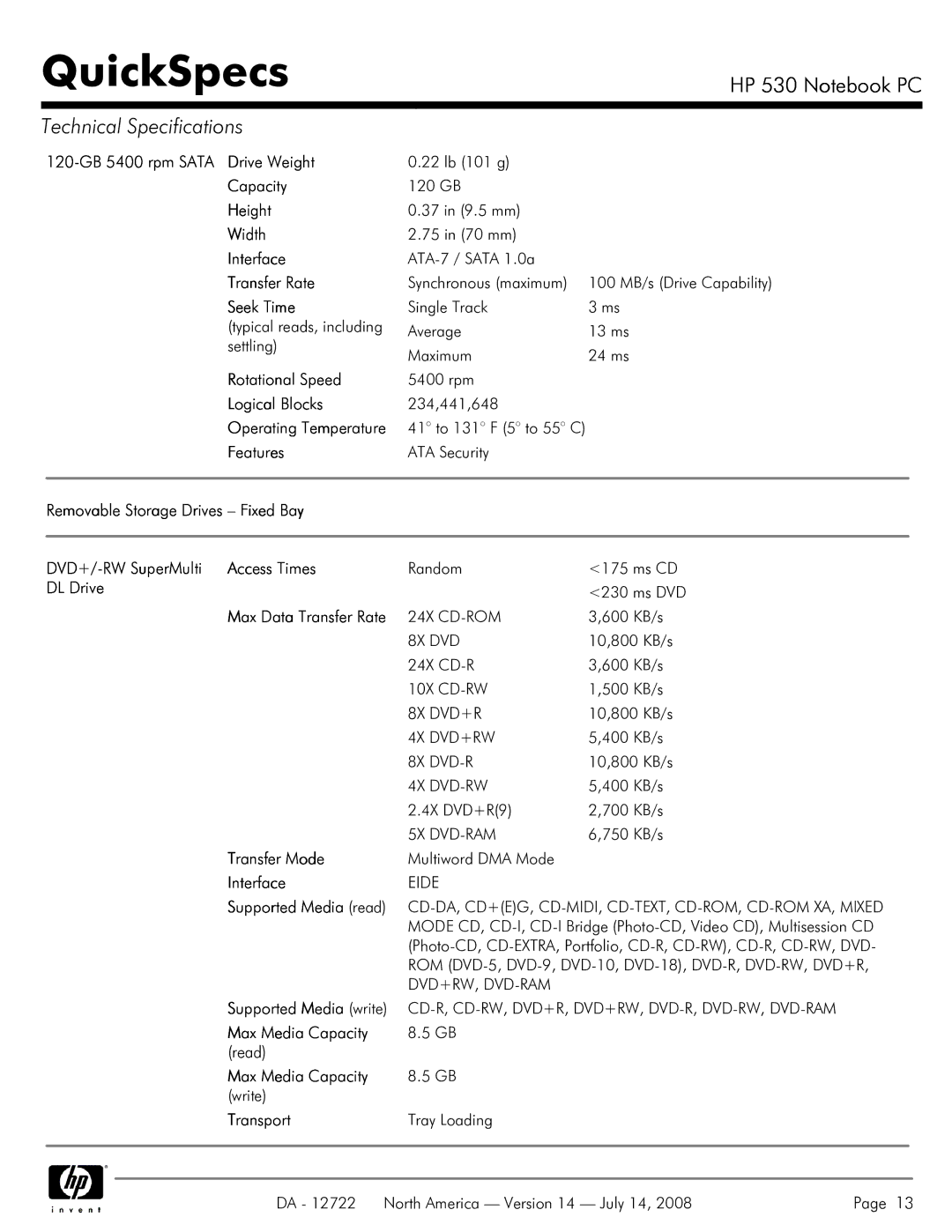 HP 530 manual 120-GB 5400 rpm Sata Drive Weight, DL Drive, Transfer Mode, Max Media Capacity, Transport 