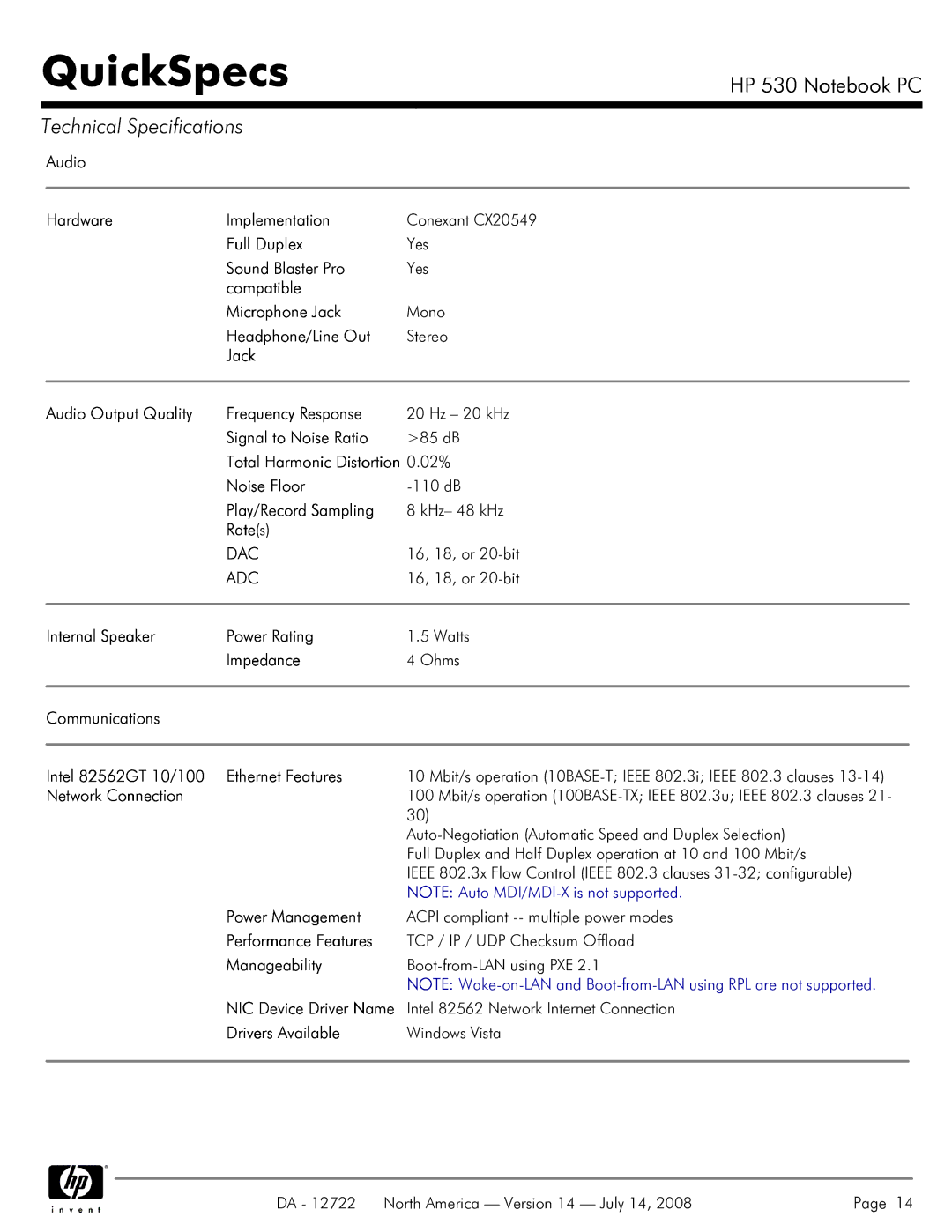 HP 530 Audio Hardware Implementation, Full Duplex, Sound Blaster Pro, Compatible Microphone Jack, Signal to Noise Ratio 