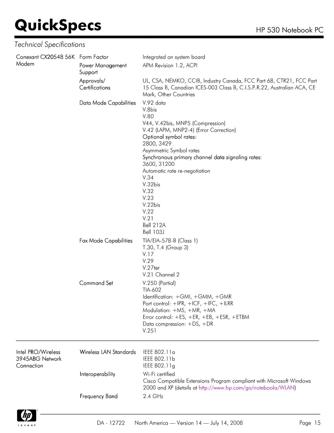 HP 530 Conexant CX20548 56K Form Factor, Modem Power Management, Support Approvals, Optional symbol rates, Command Set 