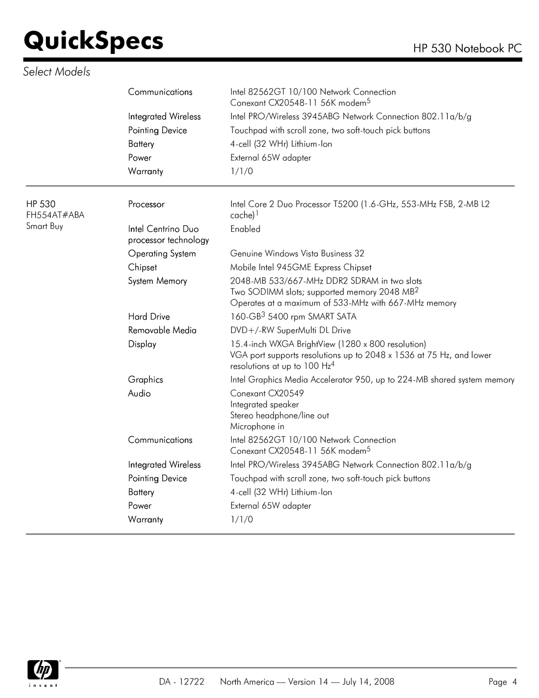 HP 530 manual Intel PRO/Wireless 3945ABG Network Connection 802.11a/b/g, Genuine Windows Vista Business, Warranty 