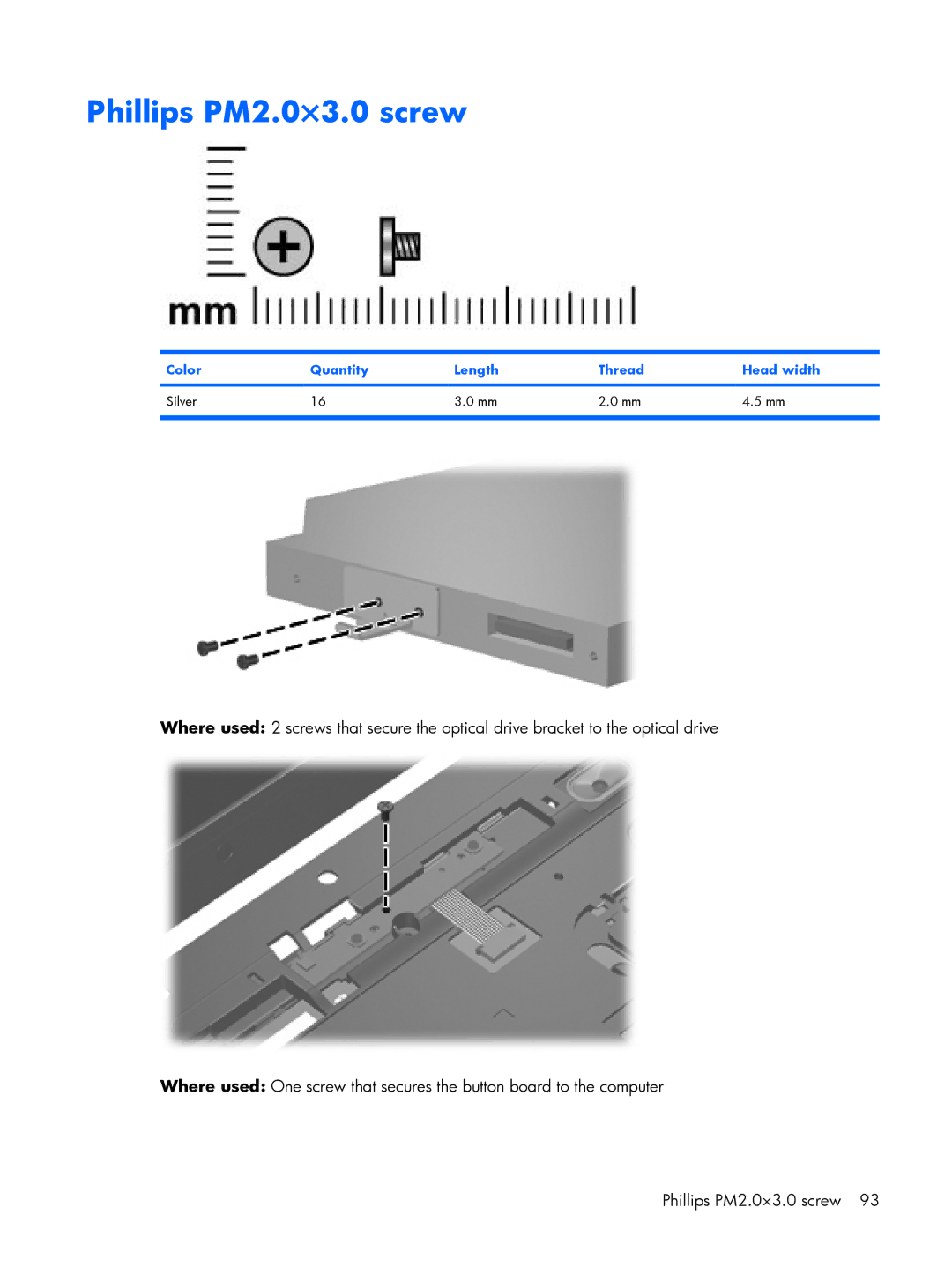 HP 530 manual Phillips PM2.0×3.0 screw, Color Quantity Length Thread Head width Silver 