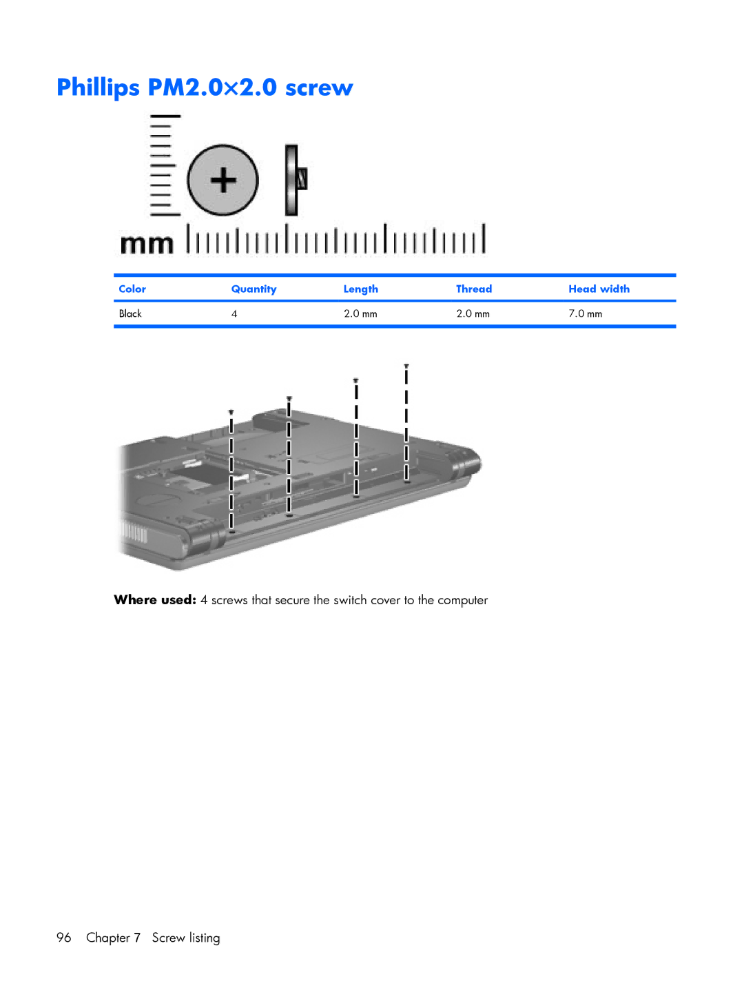 HP 530 manual Phillips PM2.0×2.0 screw, Color Quantity Length Thread Head width Black 