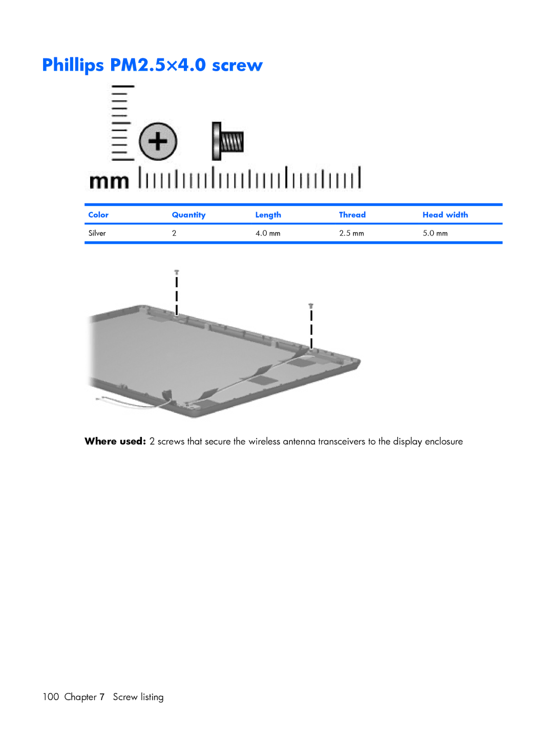 HP 530 manual Phillips PM2.5×4.0 screw 