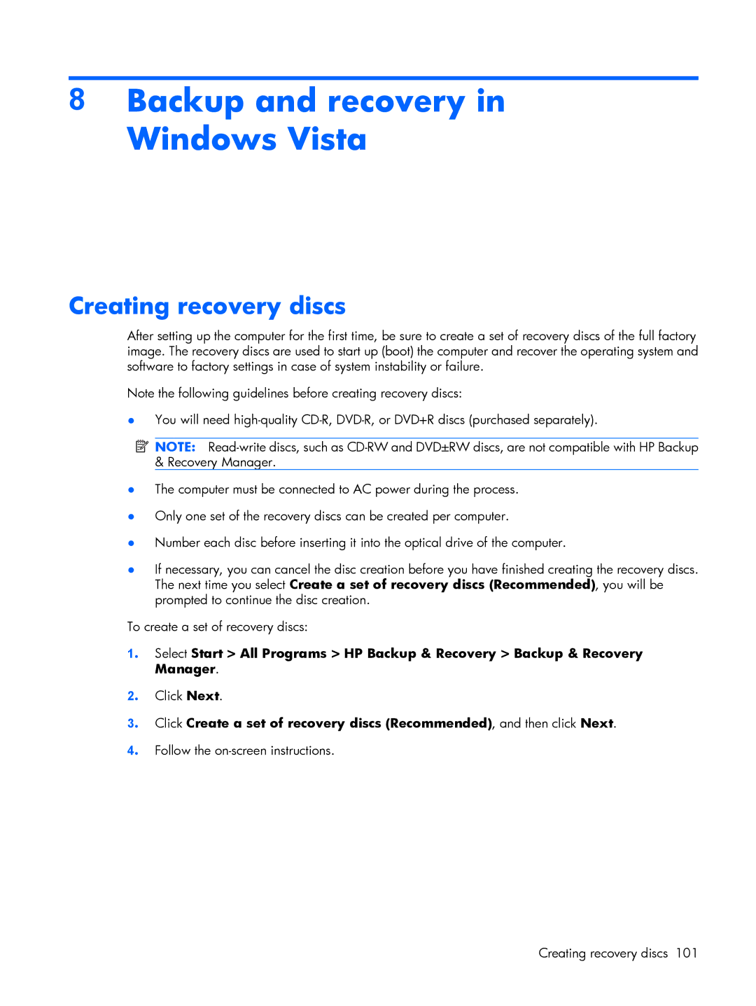 HP 530 manual Backup and recovery in Windows Vista, Creating recovery discs 